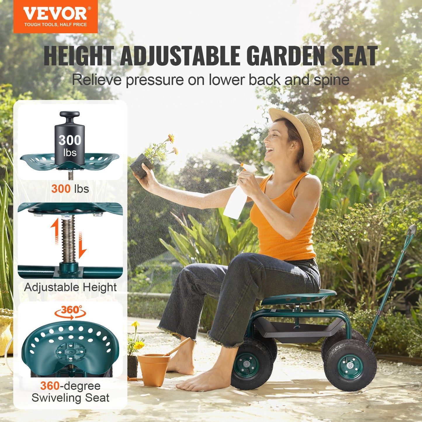 Garden Cart Rolling Workseat with Wheels, Gardening Stool for Planting, 360 Degree Swivel Seat, Wagon Scooter with Steering Handle & Utility Tool Tray, Use for Patio, Yard, and Outdoors, Green - Image 2
