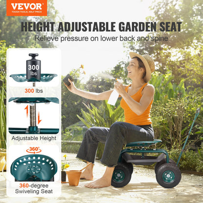 Garden Cart Rolling Workseat with Wheels, Gardening Stool for Planting, 360 Degree Swivel Seat, Wagon Scooter with Steering Handle & Utility Tool Tray, Use for Patio, Yard, and Outdoors, Green - Image 2