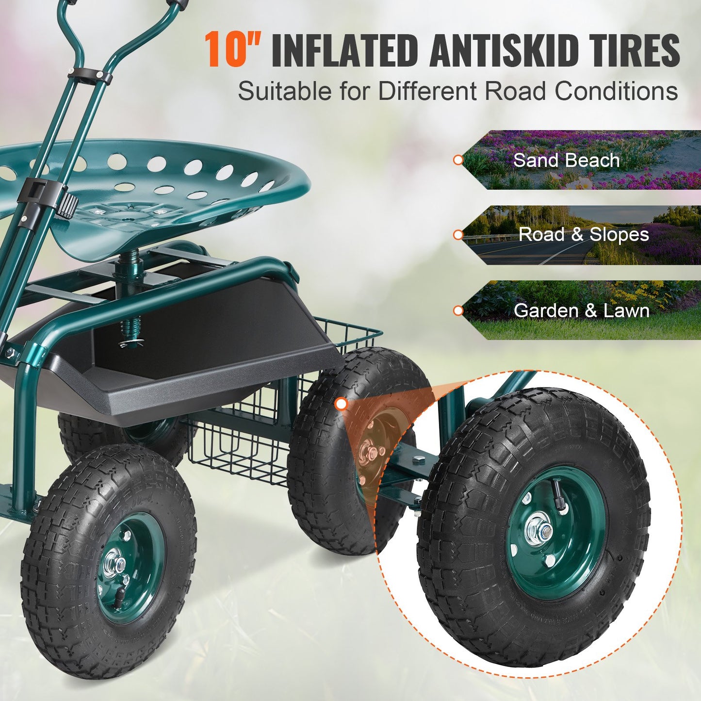 Garden Cart Rolling Workseat with Wheels, Gardening Stool for Planting, 360 Degree Swivel Seat, Wagon Scooter with Steering Handle & Utility Tool Tray, Use for Patio, Yard, and Outdoors, Green - Image 4