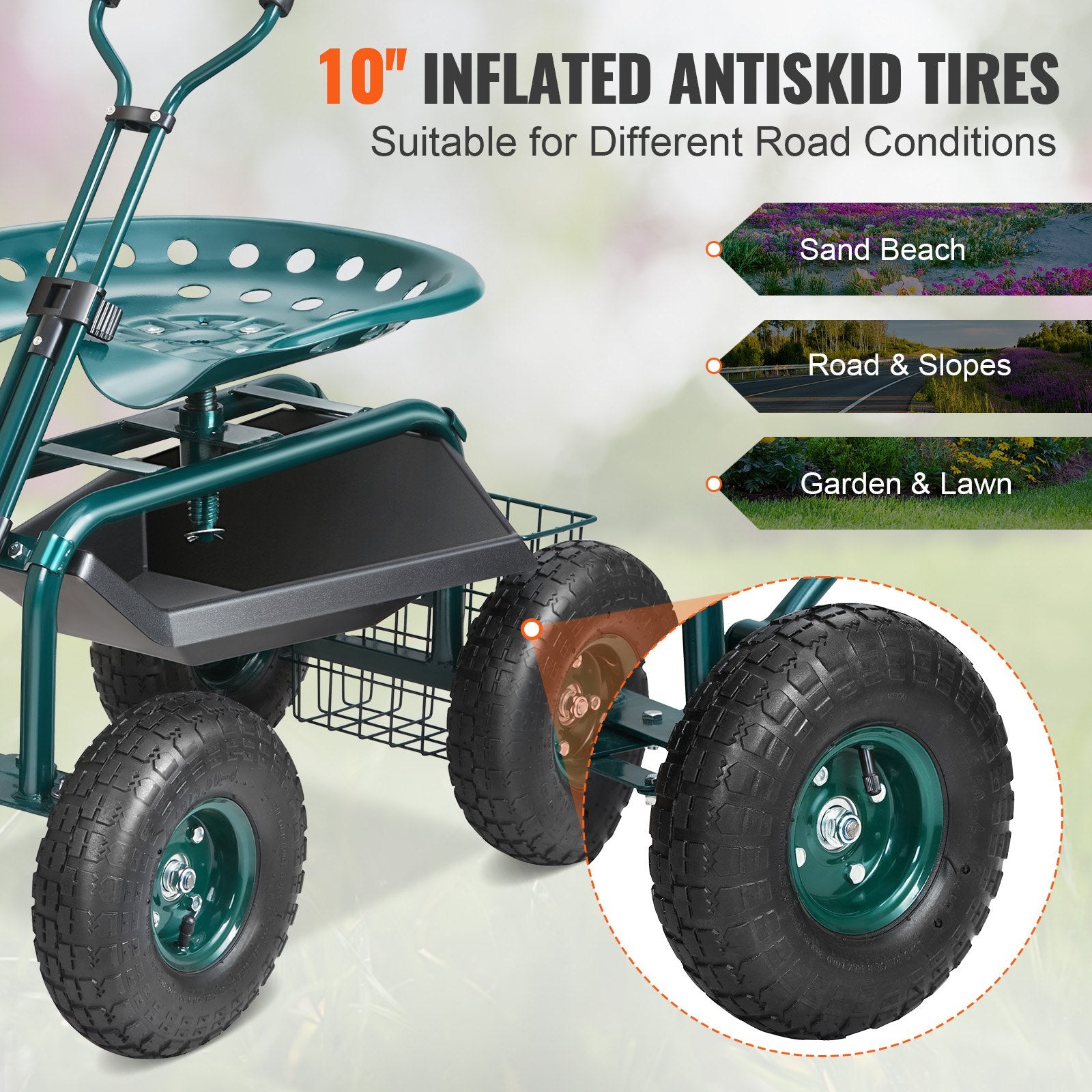 Garden Cart Rolling Workseat with Wheels, Gardening Stool for Planting, 360 Degree Swivel Seat, Wagon Scooter with Steering Handle & Utility Tool Tray, Use for Patio, Yard, and Outdoors, Green - Image 4