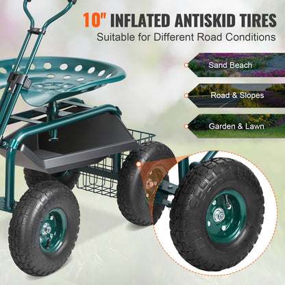 Garden Cart Rolling Workseat with Wheels, Gardening Stool for Planting, 360 Degree Swivel Seat, Wagon Scooter with Steering Handle & Utility Tool Tray, Use for Patio, Yard, and Outdoors, Green - Image 4