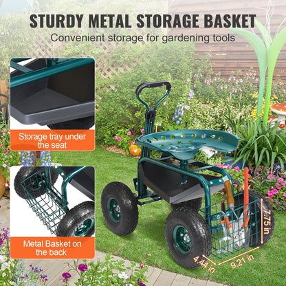 Garden Cart Rolling Workseat with Wheels, Gardening Stool for Planting, 360 Degree Swivel Seat, Wagon Scooter with Steering Handle & Utility Tool Tray, Use for Patio, Yard, and Outdoors, Green - Image 5
