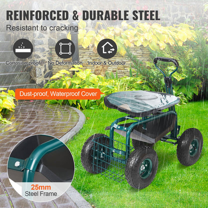 Garden Cart Rolling Workseat with Wheels, Gardening Stool for Planting, 360 Degree Swivel Seat, Wagon Scooter with Steering Handle & Utility Tool Tray, Use for Patio, Yard, and Outdoors, Green - Image 6
