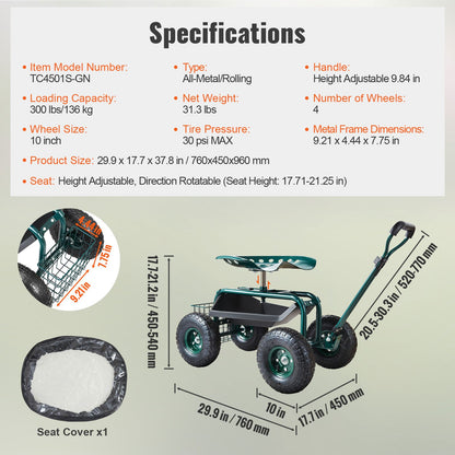 Garden Cart Rolling Workseat with Wheels, Gardening Stool for Planting, 360 Degree Swivel Seat, Wagon Scooter with Steering Handle & Utility Tool Tray, Use for Patio, Yard, and Outdoors, Green - Image 7