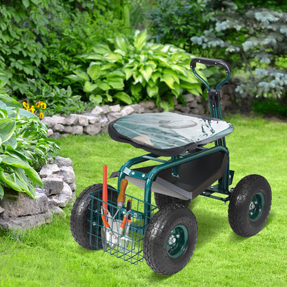 Garden Cart Rolling Workseat with Wheels, Gardening Stool for Planting, 360 Degree Swivel Seat, Wagon Scooter with Steering Handle & Utility Tool Tray, Use for Patio, Yard, and Outdoors, Green - Image 8