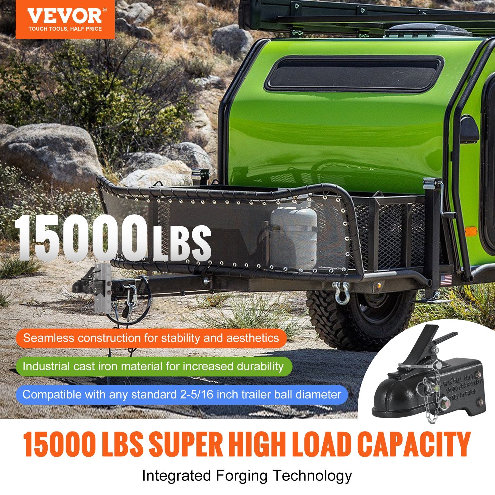 Adjustable Trailer Coupler, 2-5/16" Hitch Ball, 15000 lbs Capacity, Heavy Duty Cast Channel-Mount Coupler with Hardware Kit, Ideal for Towing Station Wagons, Pickup Trucks, SUVs, Black Coating - Image 2