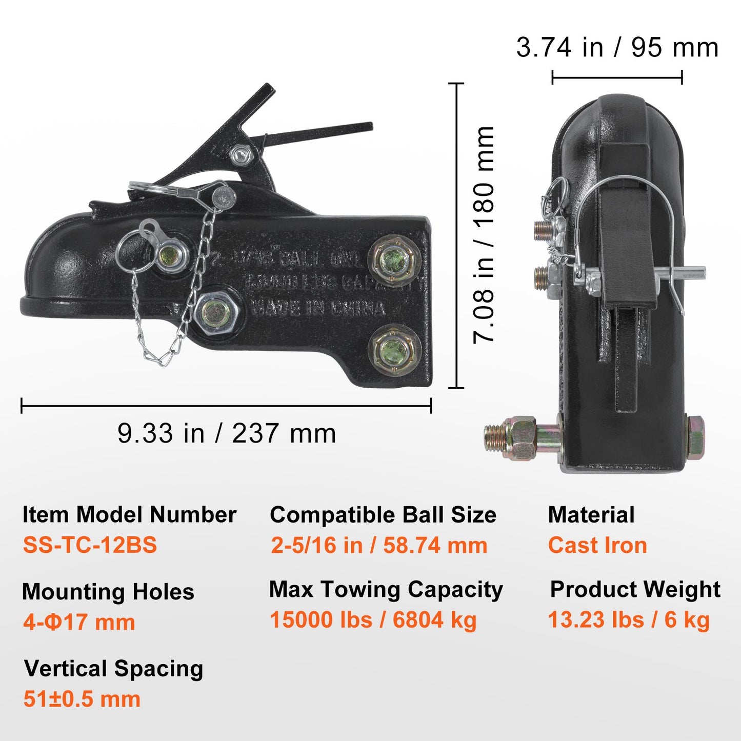 Adjustable Trailer Coupler, 2-5/16" Hitch Ball, 15000 lbs Capacity, Heavy Duty Cast Channel-Mount Coupler with Hardware Kit, Ideal for Towing Station Wagons, Pickup Trucks, SUVs, Black Coating - Image 7