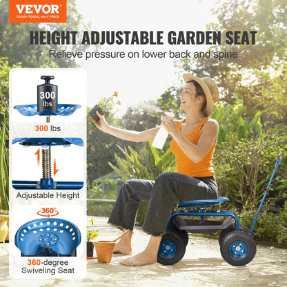 Rolling Garden Cart with Seat and Wheels Extendable Steer Handle Blue - Image 2