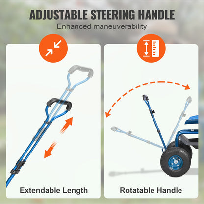 Rolling Garden Cart with Seat and Wheels Extendable Steer Handle Blue - Image 3