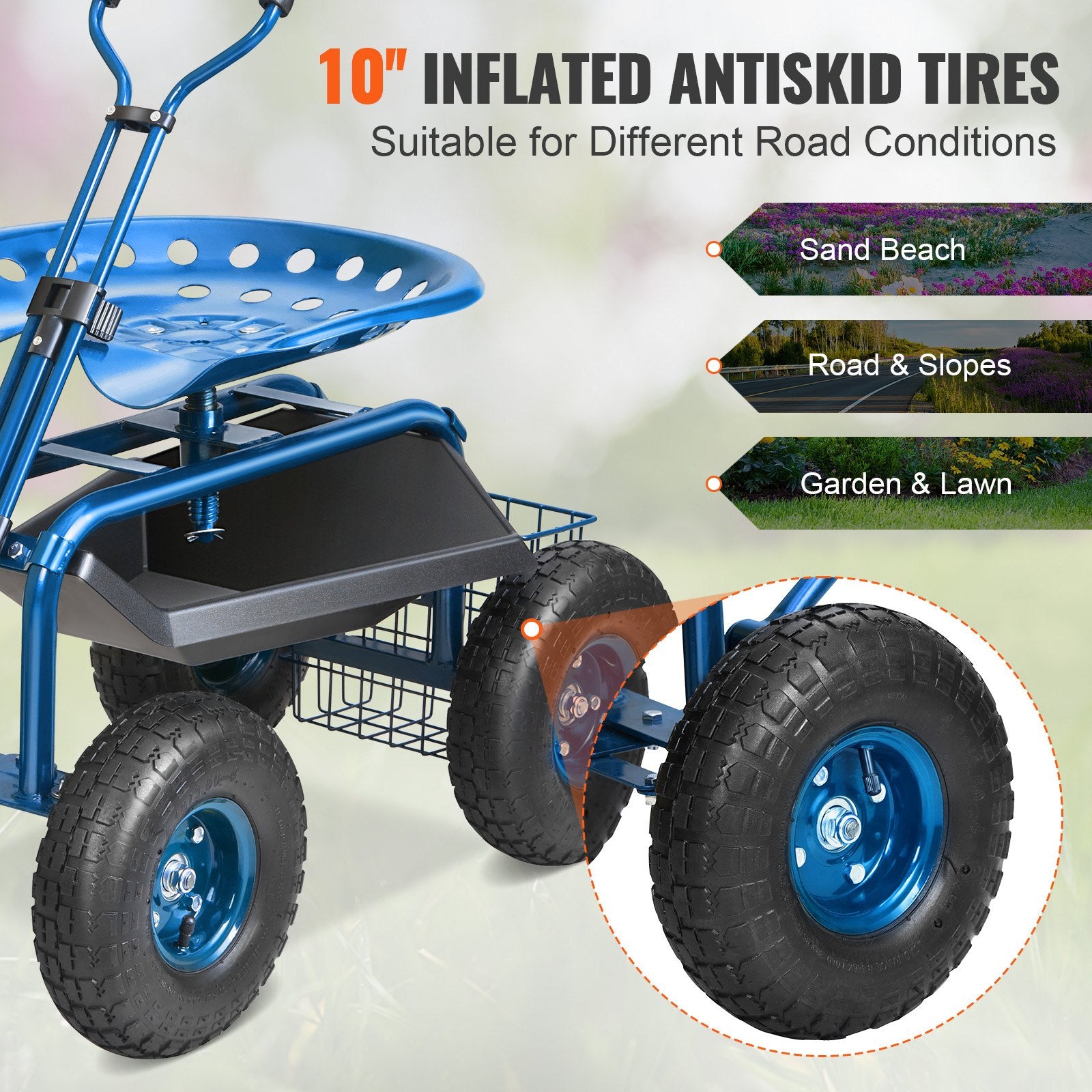 Rolling Garden Cart with Seat and Wheels Extendable Steer Handle Blue - Image 4