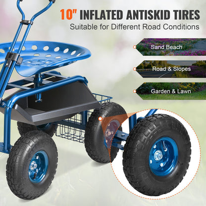 Rolling Garden Cart with Seat and Wheels Extendable Steer Handle Blue - Image 4