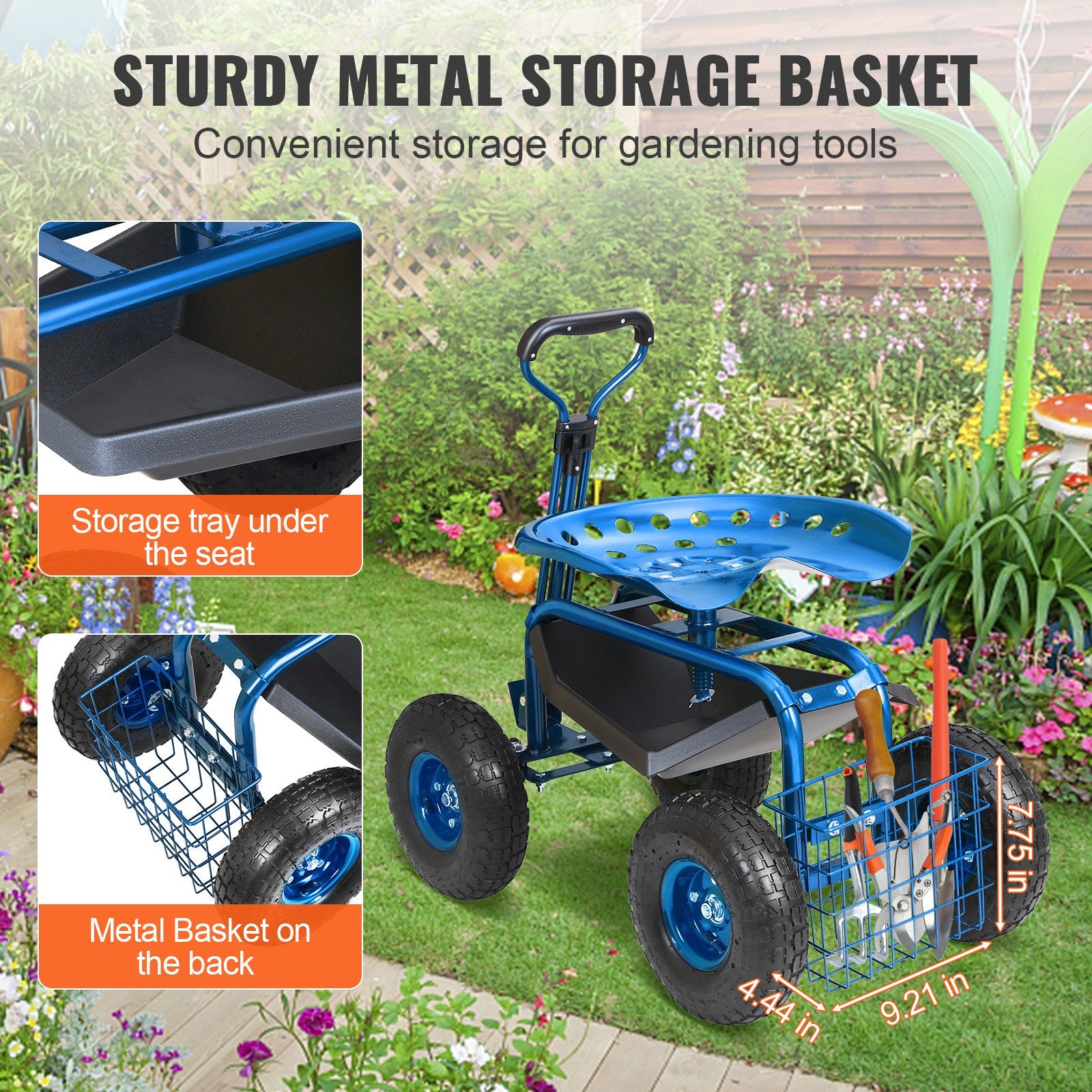 Rolling Garden Cart with Seat and Wheels Extendable Steer Handle Blue - Image 5