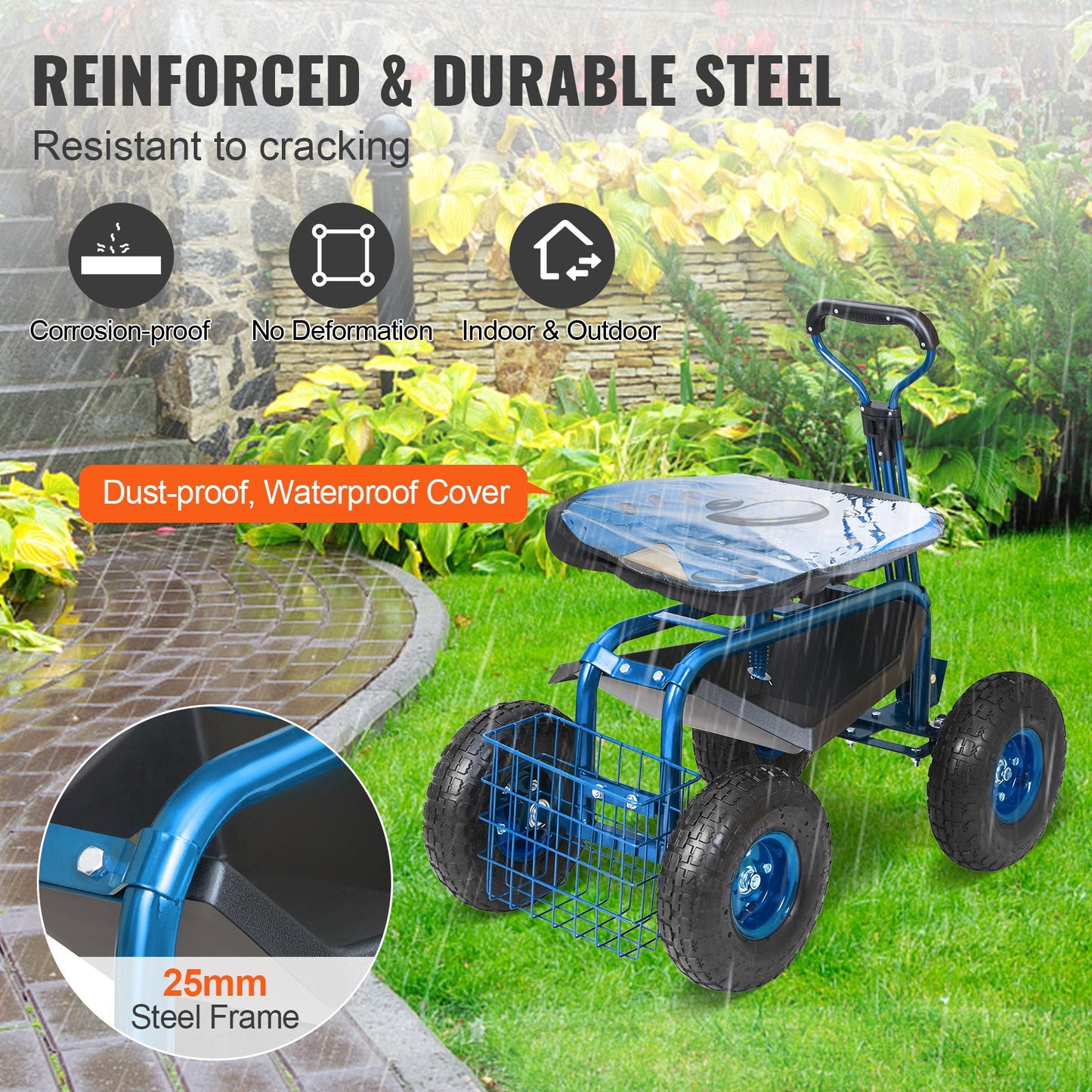 Rolling Garden Cart with Seat and Wheels Extendable Steer Handle Blue - Image 6