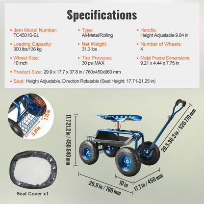 Rolling Garden Cart with Seat and Wheels Extendable Steer Handle Blue - Image 7