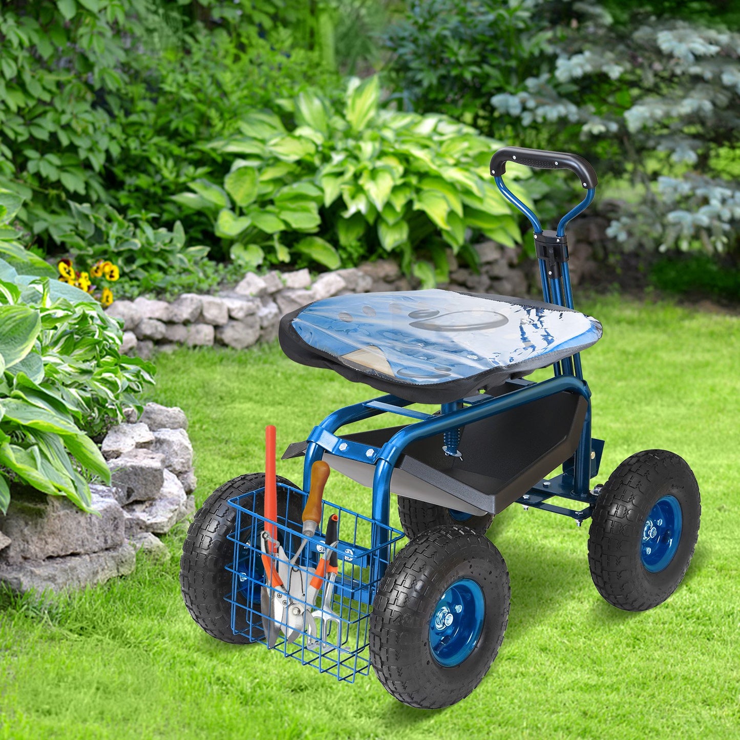 Rolling Garden Cart with Seat and Wheels Extendable Steer Handle Blue - Image 8