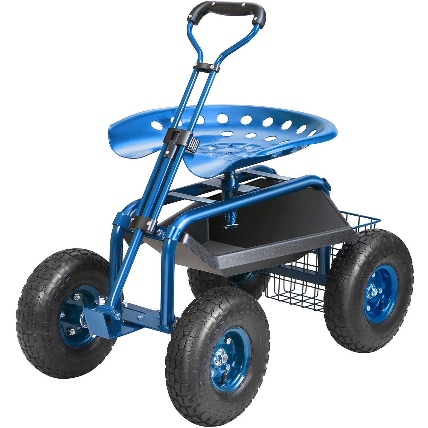 Rolling Garden Cart with Seat and Wheels Extendable Steer Handle Blue - Image 9