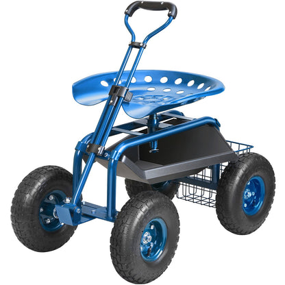 Rolling Garden Cart with Seat and Wheels Extendable Steer Handle Blue - Image 9
