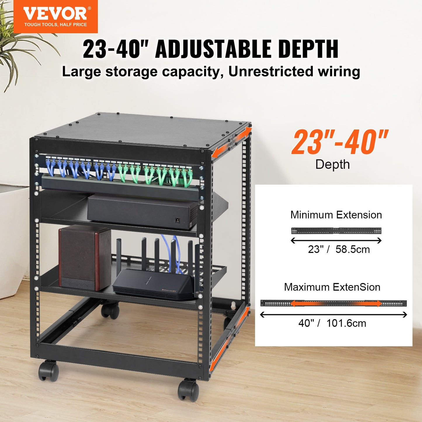 12U Open Frame Server Rack, 15''-40'' Adjustable Depth, Free Standing or Wall Mount Network Server Rack, 4 Post AV Rack with Casters, Holds All Your Networking IT Equipment AV Gear Router Modem - Image 2