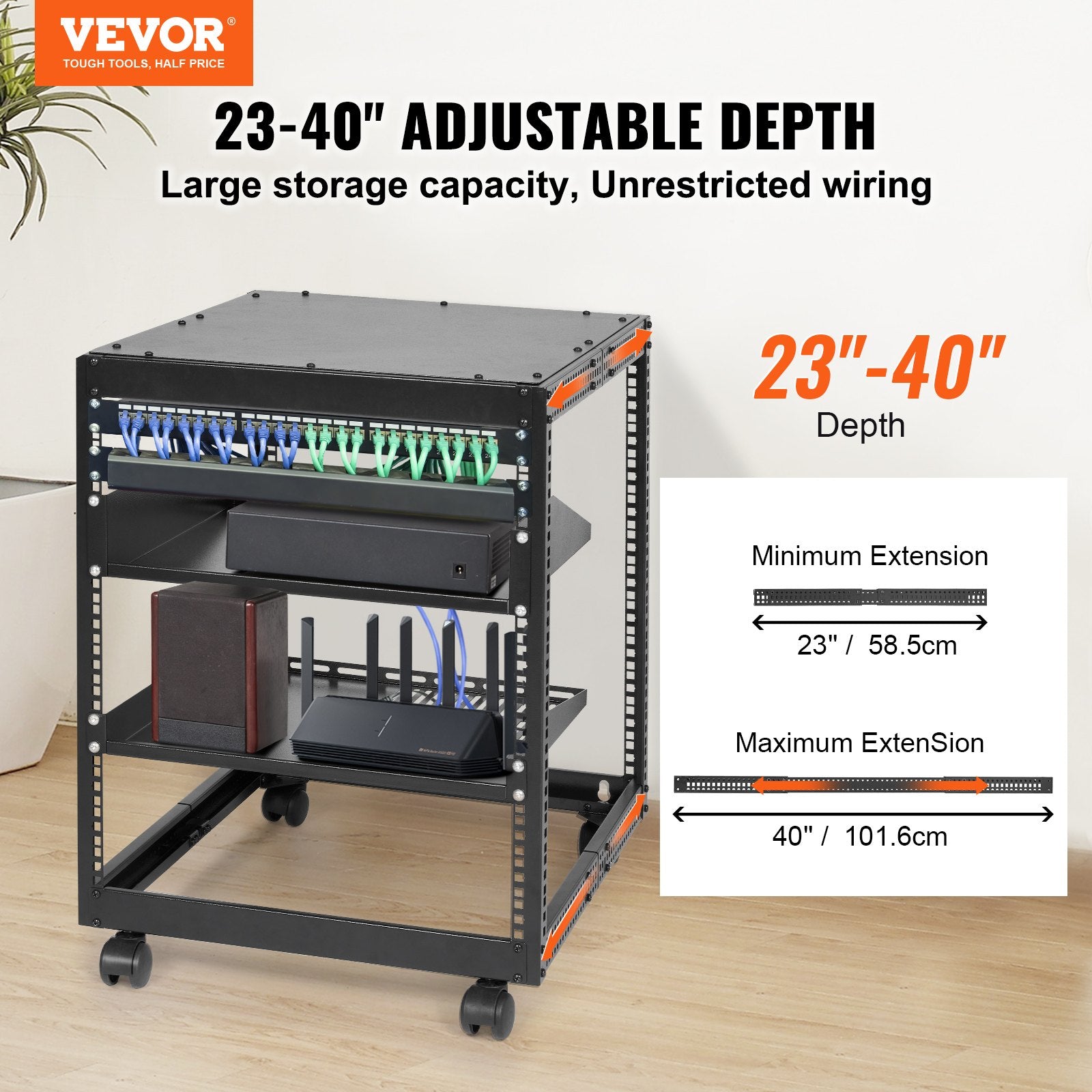 12U Open Frame Server Rack, 15''-40'' Adjustable Depth, Free Standing or Wall Mount Network Server Rack, 4 Post AV Rack with Casters, Holds All Your Networking IT Equipment AV Gear Router Modem - Image 2