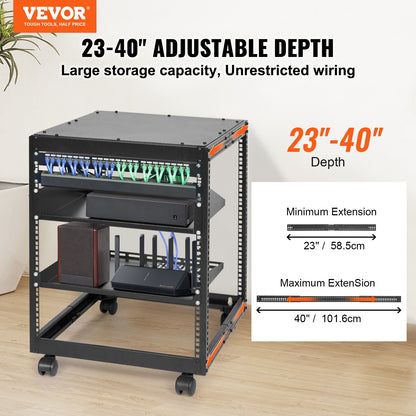12U Open Frame Server Rack, 15''-40'' Adjustable Depth, Free Standing or Wall Mount Network Server Rack, 4 Post AV Rack with Casters, Holds All Your Networking IT Equipment AV Gear Router Modem - Image 2