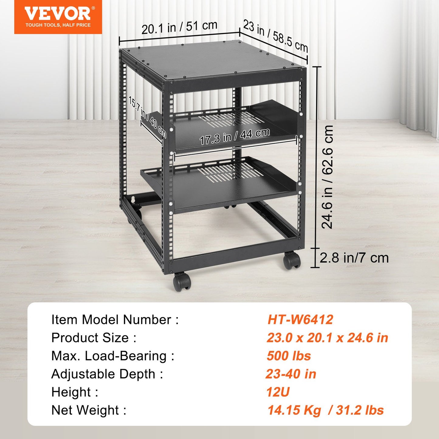 12U Open Frame Server Rack, 15''-40'' Adjustable Depth, Free Standing or Wall Mount Network Server Rack, 4 Post AV Rack with Casters, Holds All Your Networking IT Equipment AV Gear Router Modem - Image 7