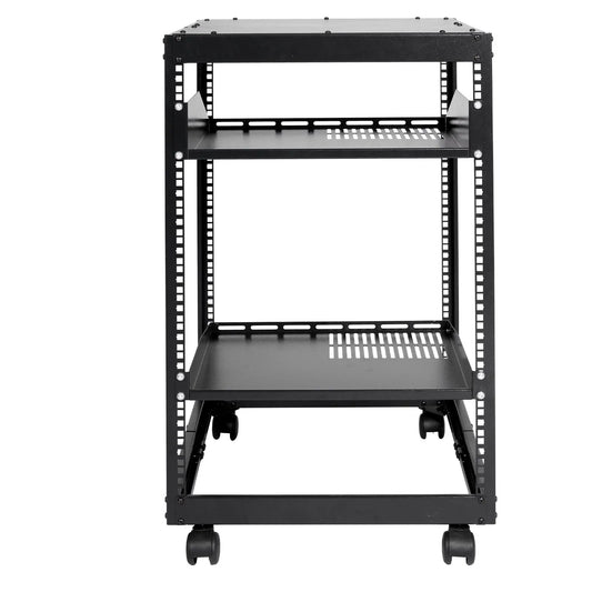 15U Open Frame Server Rack, 23-40 in Adjustable Depth, Free Standing or Wall Mount Network Server Rack, 4 Post AV Rack with Casters, Holds All Your Networking IT Equipment AV Gear Router Modem