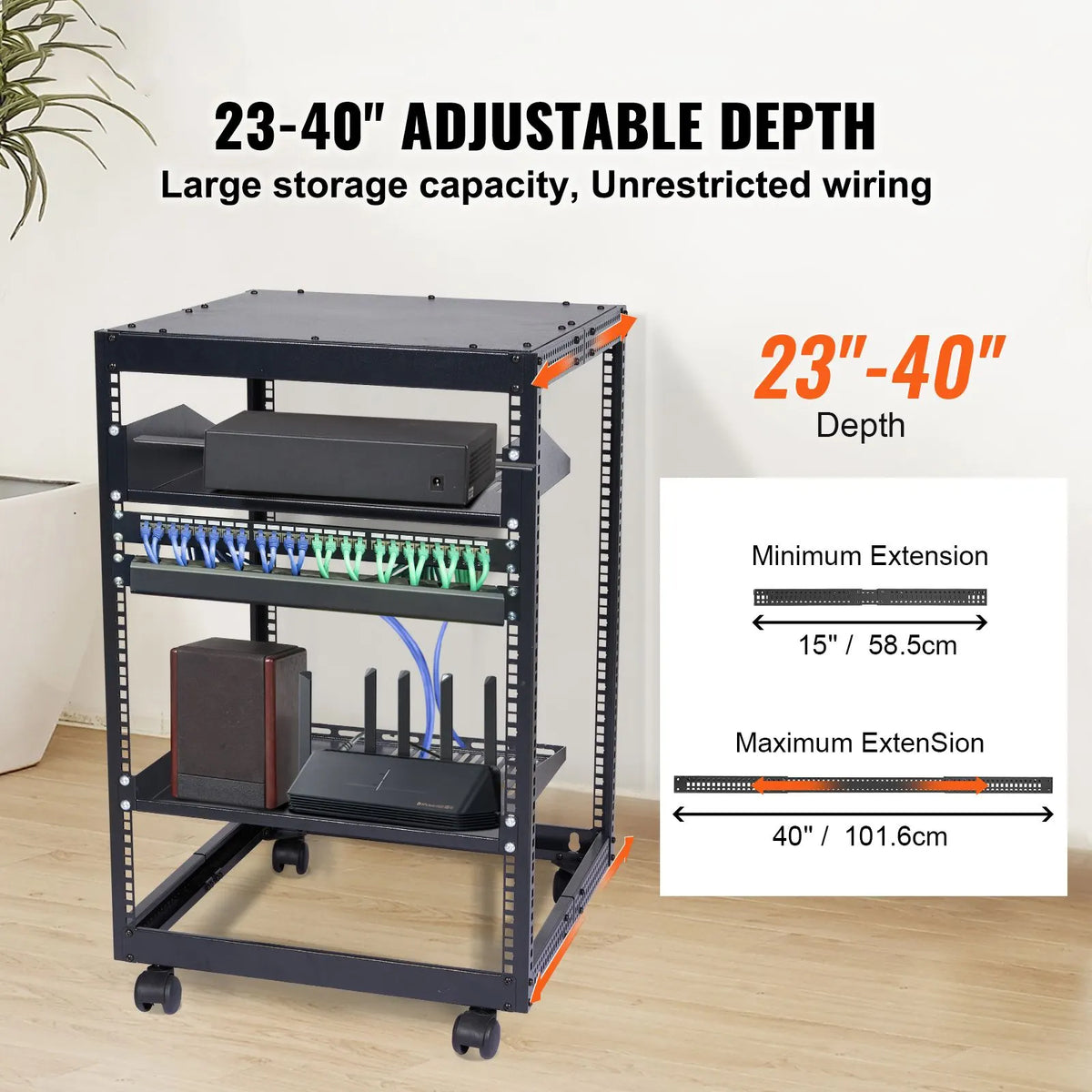 15U Open Frame Server Rack, 23-40 in Adjustable Depth, Free Standing or Wall Mount Network Server Rack, 4 Post AV Rack with Casters, Holds All Your Networking IT Equipment AV Gear Router Modem - Image 2