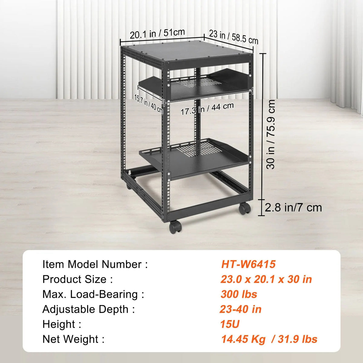 15U Open Frame Server Rack, 23-40 in Adjustable Depth, Free Standing or Wall Mount Network Server Rack, 4 Post AV Rack with Casters, Holds All Your Networking IT Equipment AV Gear Router Modem - Image 7