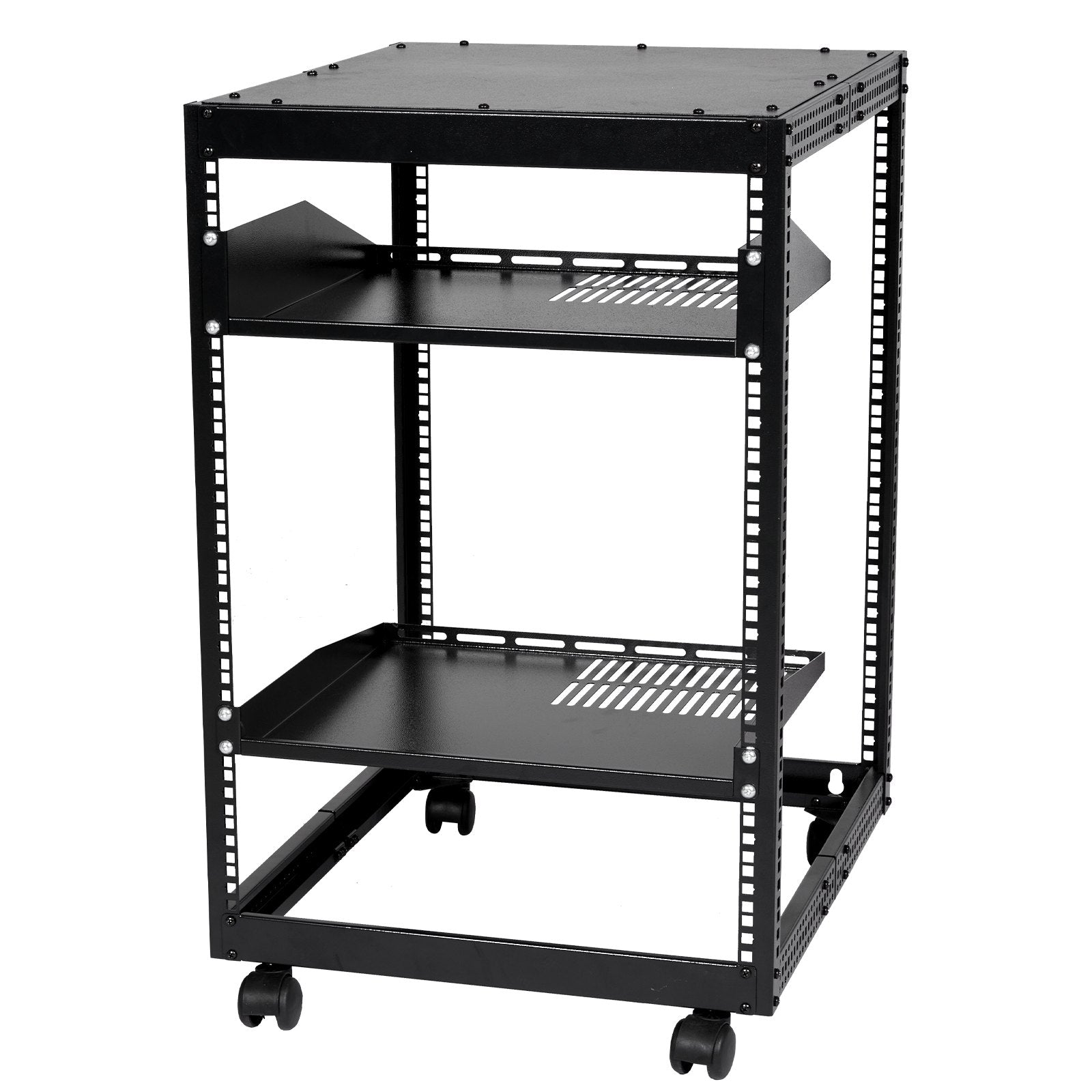 15U Open Frame Server Rack, 23-40 in Adjustable Depth, Free Standing or Wall Mount Network Server Rack, 4 Post AV Rack with Casters, Holds All Your Networking IT Equipment AV Gear Router Modem
