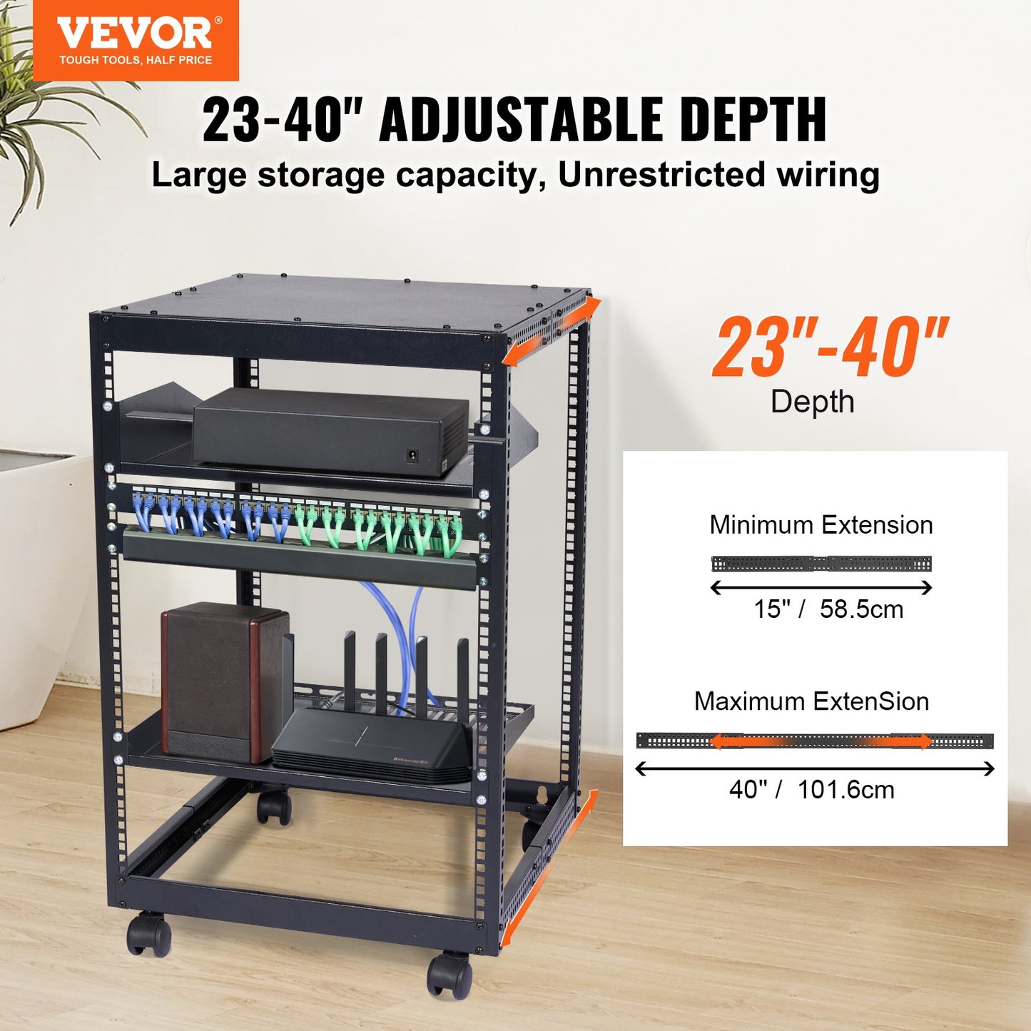 15U Open Frame Server Rack, 23-40 in Adjustable Depth, Free Standing or Wall Mount Network Server Rack, 4 Post AV Rack with Casters, Holds All Your Networking IT Equipment AV Gear Router Modem - Image 2