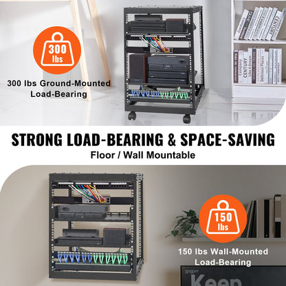 15U Open Frame Server Rack, 23-40 in Adjustable Depth, Free Standing or Wall Mount Network Server Rack, 4 Post AV Rack with Casters, Holds All Your Networking IT Equipment AV Gear Router Modem - Image 3