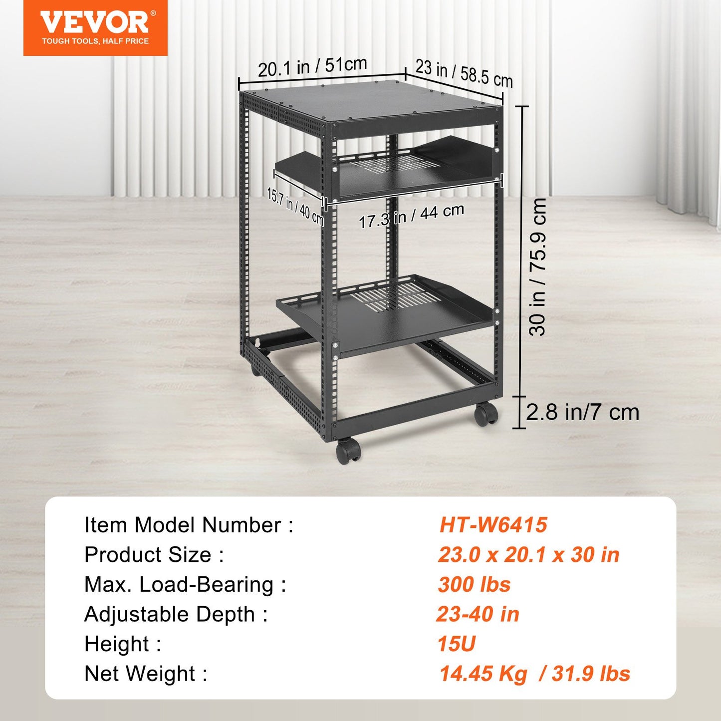 15U Open Frame Server Rack, 23-40 in Adjustable Depth, Free Standing or Wall Mount Network Server Rack, 4 Post AV Rack with Casters, Holds All Your Networking IT Equipment AV Gear Router Modem - Image 7