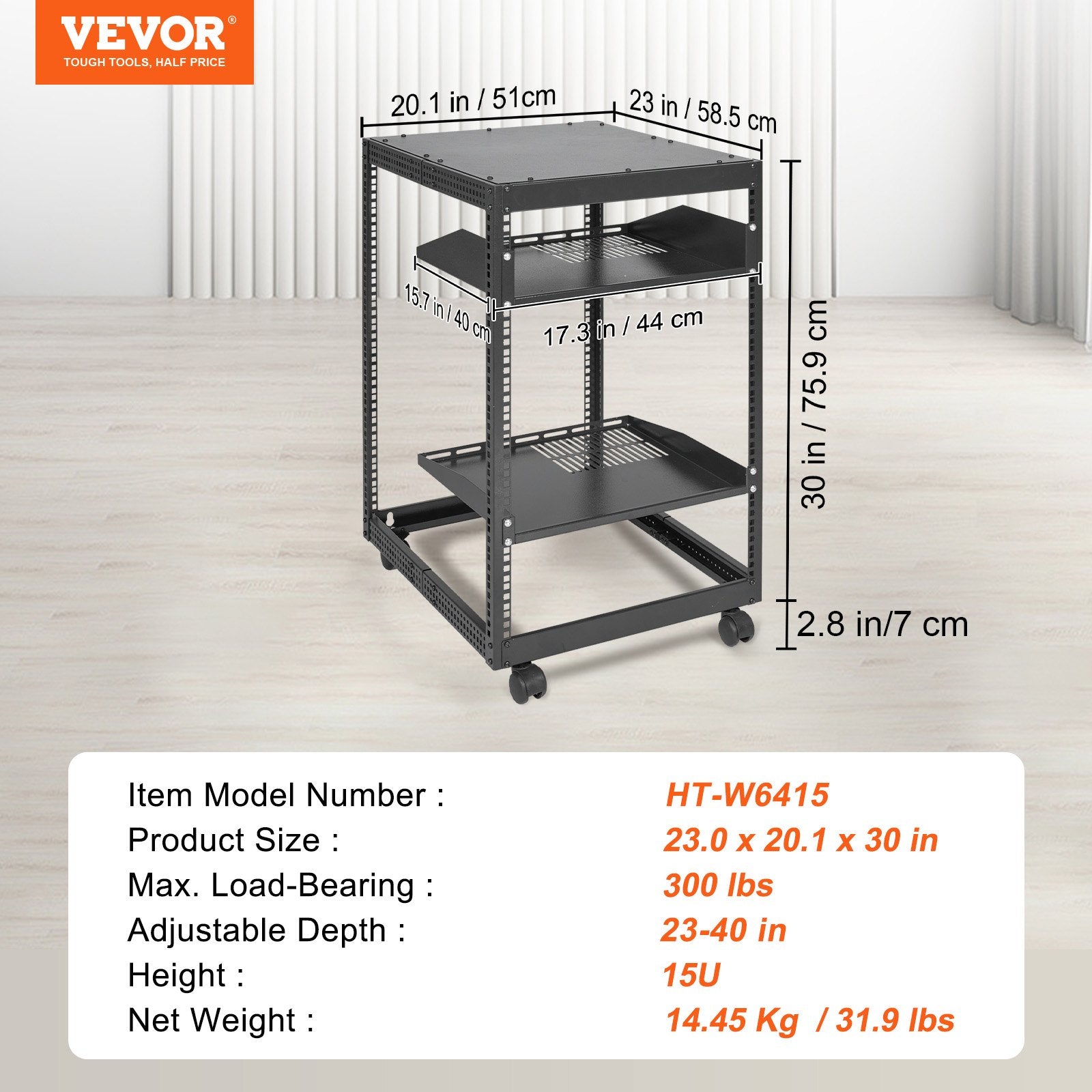 15U Open Frame Server Rack, 23-40 in Adjustable Depth, Free Standing or Wall Mount Network Server Rack, 4 Post AV Rack with Casters, Holds All Your Networking IT Equipment AV Gear Router Modem - Image 7