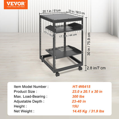 15U Open Frame Server Rack, 23-40 in Adjustable Depth, Free Standing or Wall Mount Network Server Rack, 4 Post AV Rack with Casters, Holds All Your Networking IT Equipment AV Gear Router Modem - Image 7