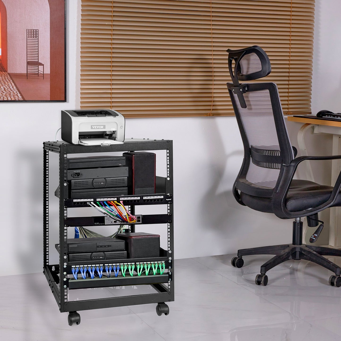 15U Open Frame Server Rack, 23-40 in Adjustable Depth, Free Standing or Wall Mount Network Server Rack, 4 Post AV Rack with Casters, Holds All Your Networking IT Equipment AV Gear Router Modem - Image 8