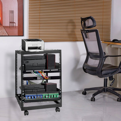 15U Open Frame Server Rack, 23-40 in Adjustable Depth, Free Standing or Wall Mount Network Server Rack, 4 Post AV Rack with Casters, Holds All Your Networking IT Equipment AV Gear Router Modem - Image 8