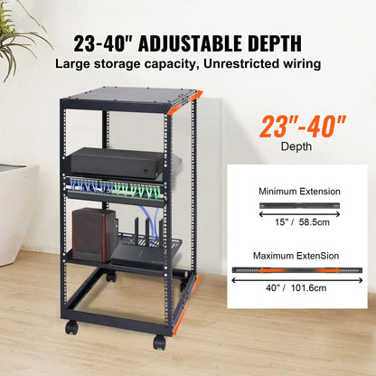 20U Open Frame Server Rack, 15''-40'' Adjustable Depth, Free Standing or Wall Mount Network Server Rack, 4 Post AV Rack with Casters, Holds All Your Networking IT Equipment AV Gear Router Modem - Image 2