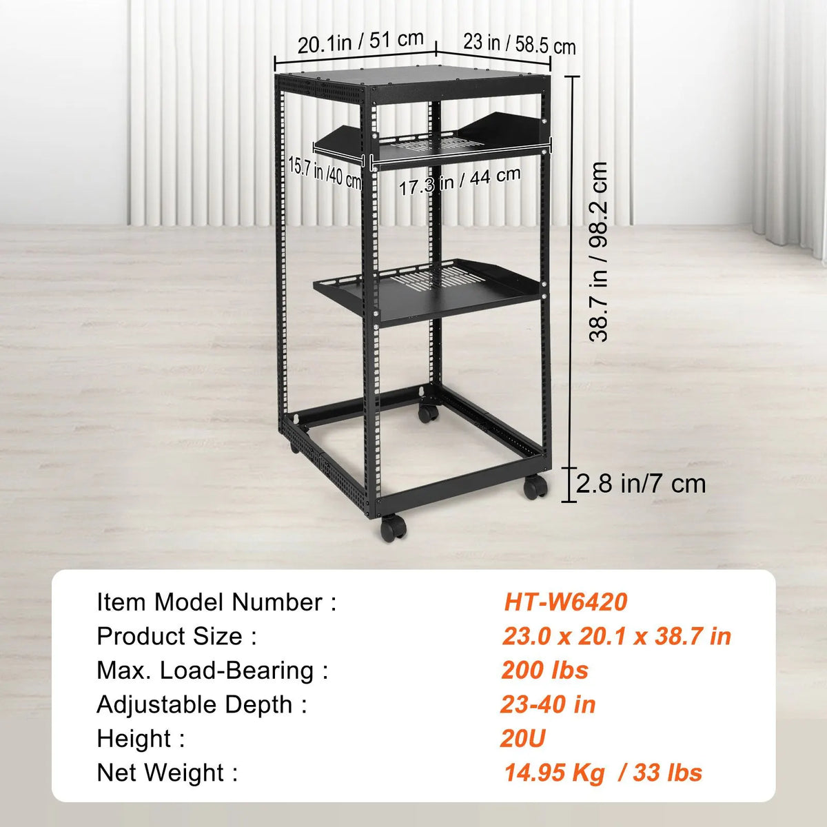 20U Open Frame Server Rack, 15''-40'' Adjustable Depth, Free Standing or Wall Mount Network Server Rack, 4 Post AV Rack with Casters, Holds All Your Networking IT Equipment AV Gear Router Modem - Image 7