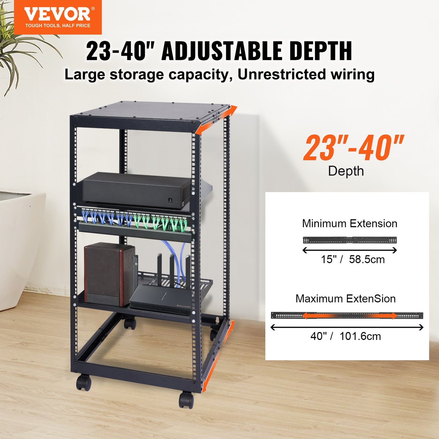 20U Open Frame Server Rack, 15''-40'' Adjustable Depth, Free Standing or Wall Mount Network Server Rack, 4 Post AV Rack with Casters, Holds All Your Networking IT Equipment AV Gear Router Modem - Image 2
