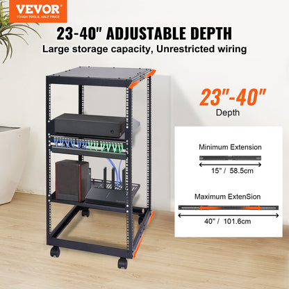 20U Open Frame Server Rack, 15''-40'' Adjustable Depth, Free Standing or Wall Mount Network Server Rack, 4 Post AV Rack with Casters, Holds All Your Networking IT Equipment AV Gear Router Modem - Image 2