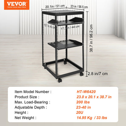 20U Open Frame Server Rack, 15''-40'' Adjustable Depth, Free Standing or Wall Mount Network Server Rack, 4 Post AV Rack with Casters, Holds All Your Networking IT Equipment AV Gear Router Modem - Image 7