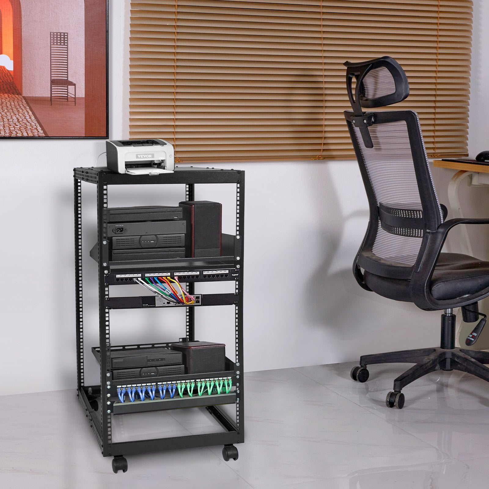 20U Open Frame Server Rack, 15''-40'' Adjustable Depth, Free Standing or Wall Mount Network Server Rack, 4 Post AV Rack with Casters, Holds All Your Networking IT Equipment AV Gear Router Modem - Image 8