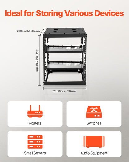 12U Open Frame Network Rack, 585 mm Depth, Wall Mounted or Floor Standing Server Rack, Heavy Duty 4 Post, with Vented Shelves & Mounting Hardware, Holds All Your Networking IT Equipment AV Gear - Image 4