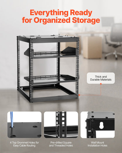 12U Open Frame Network Rack, 585 mm Depth, Wall Mounted or Floor Standing Server Rack, Heavy Duty 4 Post, with Vented Shelves & Mounting Hardware, Holds All Your Networking IT Equipment AV Gear - Image 5
