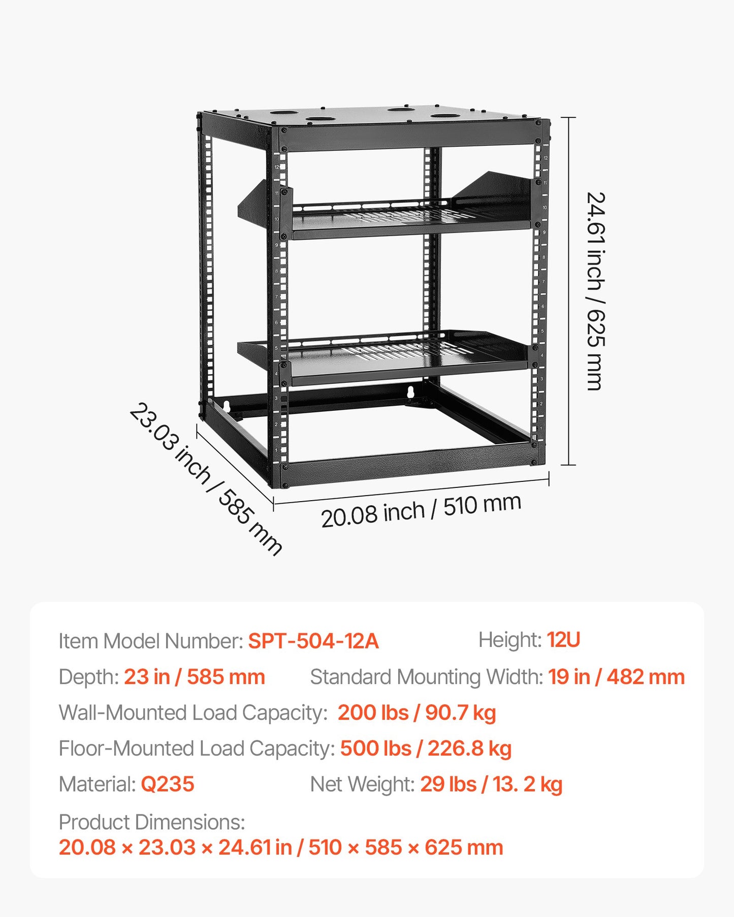 12U Open Frame Network Rack, 585 mm Depth, Wall Mounted or Floor Standing Server Rack, Heavy Duty 4 Post, with Vented Shelves & Mounting Hardware, Holds All Your Networking IT Equipment AV Gear - Image 7