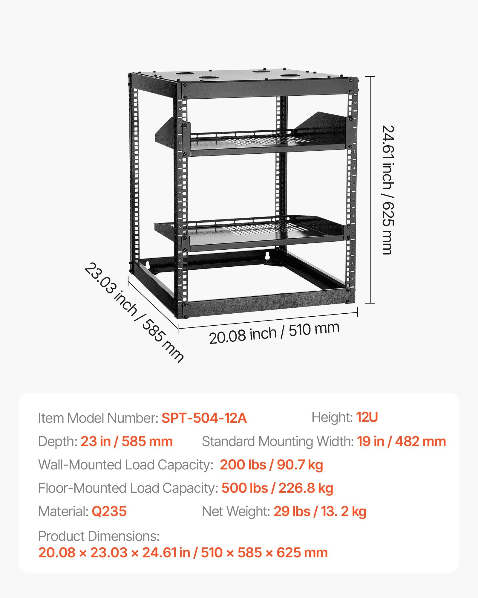 12U Open Frame Network Rack, 585 mm Depth, Wall Mounted or Floor Standing Server Rack, Heavy Duty 4 Post, with Vented Shelves & Mounting Hardware, Holds All Your Networking IT Equipment AV Gear - Image 7