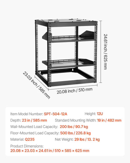 12U Open Frame Network Rack, 585 mm Depth, Wall Mounted or Floor Standing Server Rack, Heavy Duty 4 Post, with Vented Shelves & Mounting Hardware, Holds All Your Networking IT Equipment AV Gear - Image 7