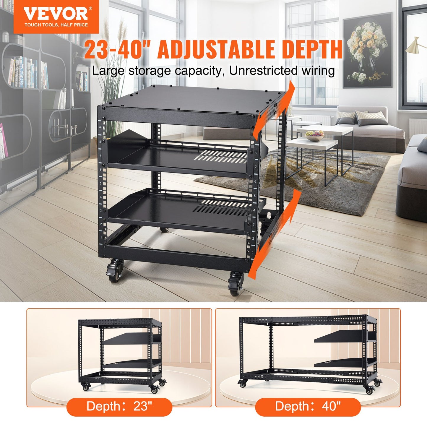 9U Open Frame Server Rack, 584.2 to 1016 mm Adjustable Depth, Free Standing or Wall Mount Network Server Rack with 360° Casters, Heavy Duty 4 Post Holds All Your Networking IT Equipment AV Gear - Image 2