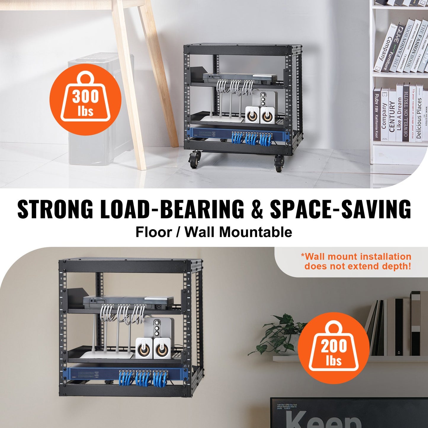 9U Open Frame Server Rack, 584.2 to 1016 mm Adjustable Depth, Free Standing or Wall Mount Network Server Rack with 360° Casters, Heavy Duty 4 Post Holds All Your Networking IT Equipment AV Gear - Image 3