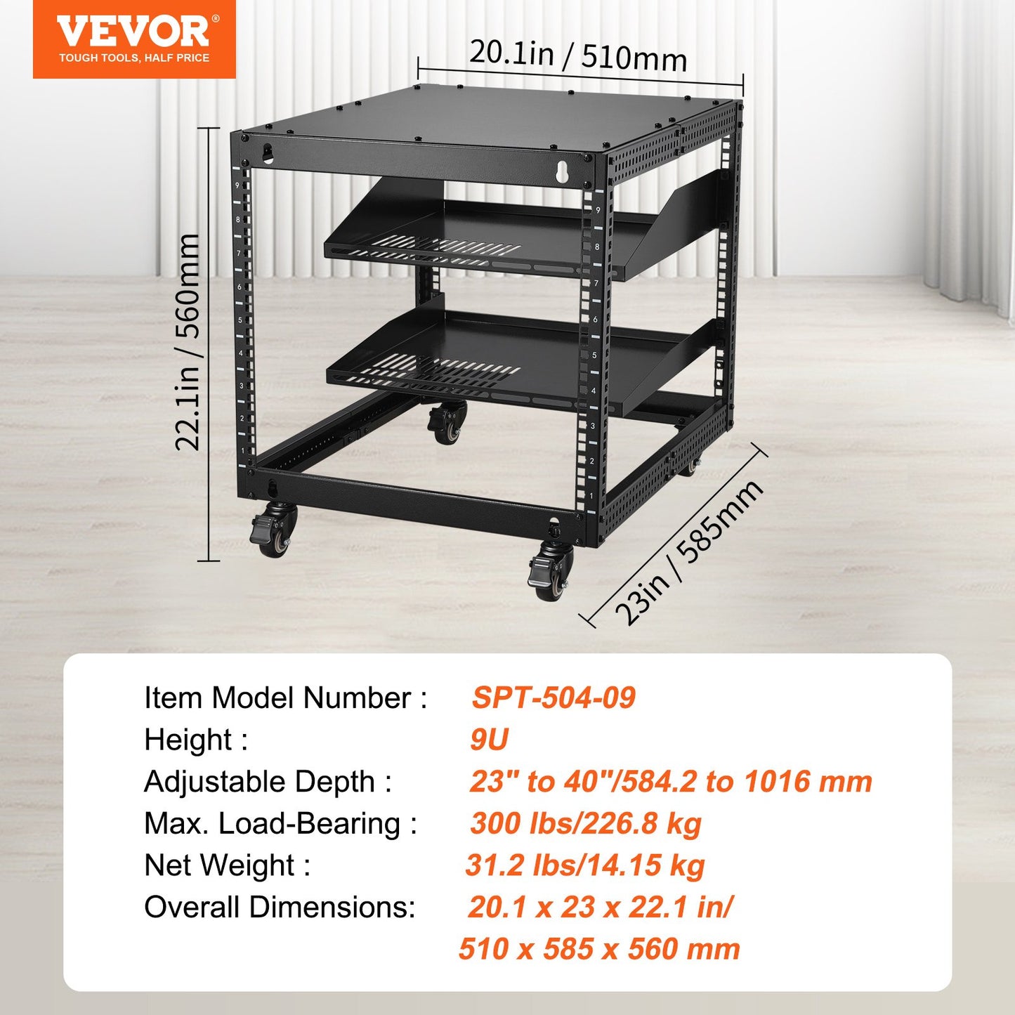 9U Open Frame Server Rack, 584.2 to 1016 mm Adjustable Depth, Free Standing or Wall Mount Network Server Rack with 360° Casters, Heavy Duty 4 Post Holds All Your Networking IT Equipment AV Gear - Image 7